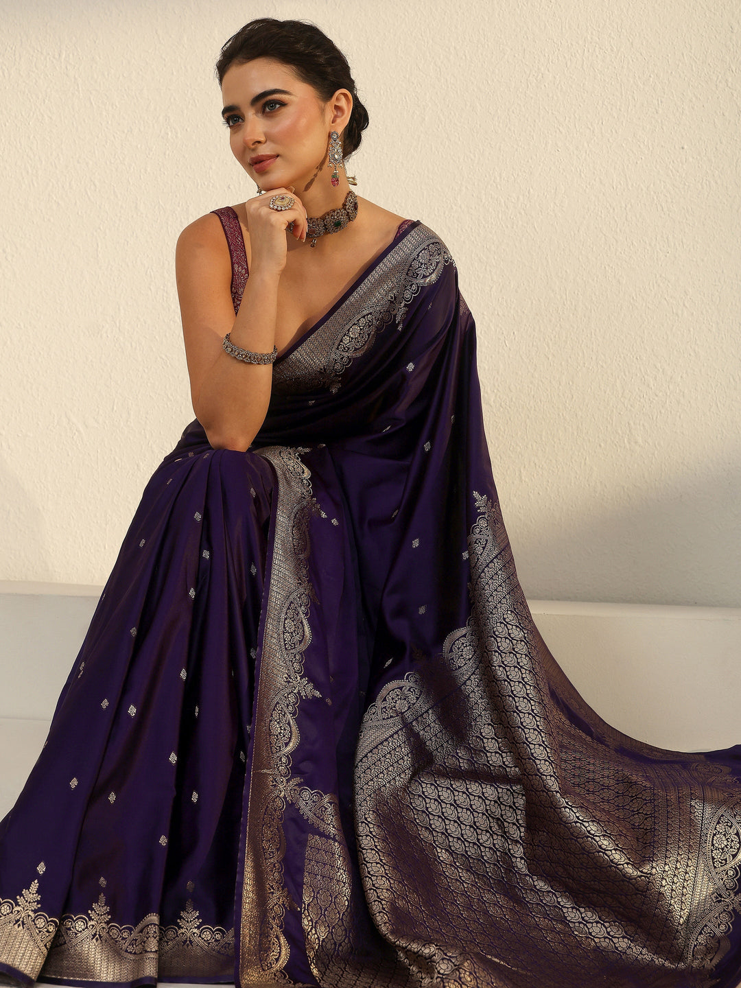 Libas Imperial Purple Woven Design Satin Saree