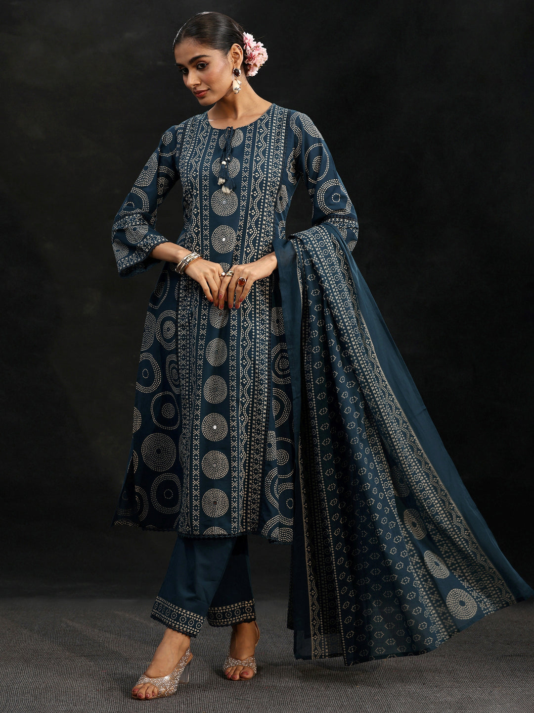  Libas Indigo Blue Bandhani Cotton Straight Suit Set 