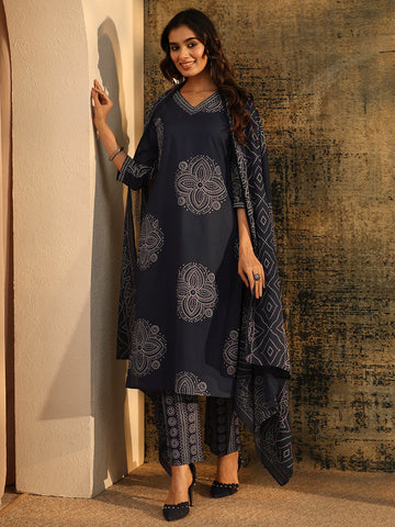 Libas Indigo Blue Bandhani Printed Cotton Straight Suit Set