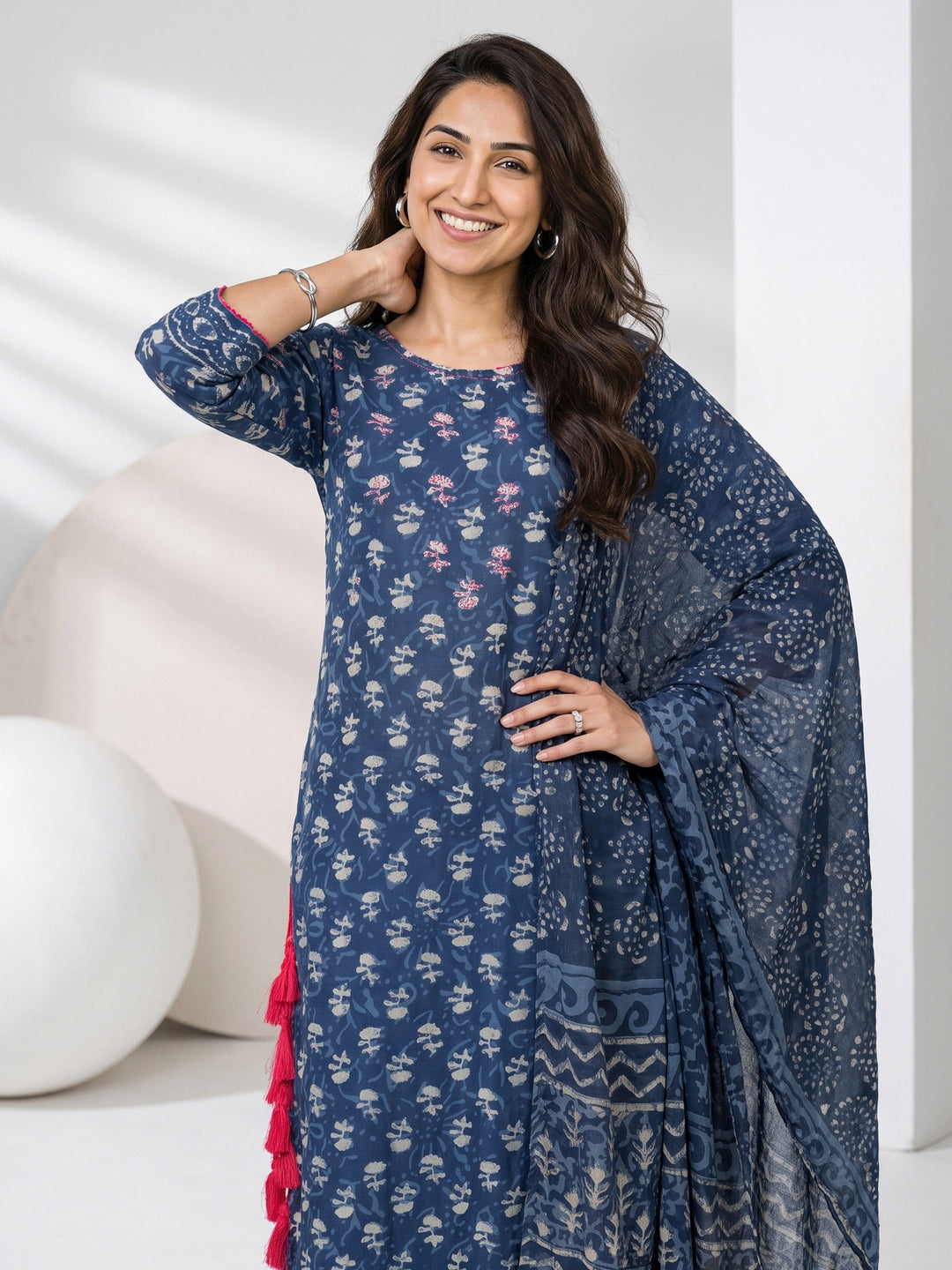 Libas Indigo Blue Dabu Printed Cotton Straight Suit Set