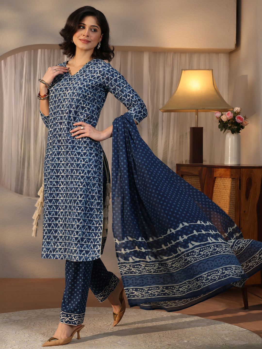 Libas Indigo Blue Geometric Printed Cotton Straight Suit Set