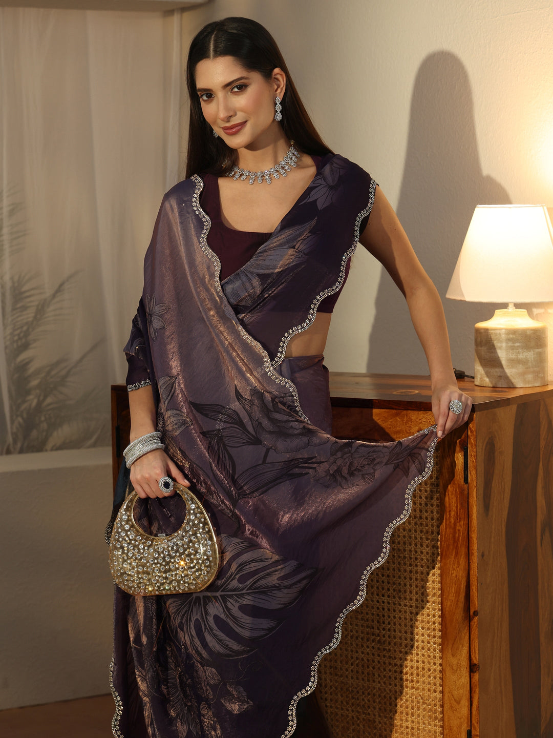  Libas Ink Blue Floral Printed Tissue Saree with Embellished Border 