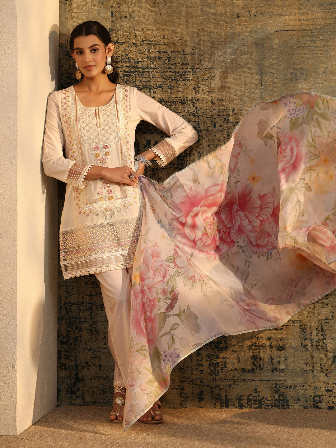  Libas Ivory Embroidered Cotton Short Kurta Pant Suit Set 