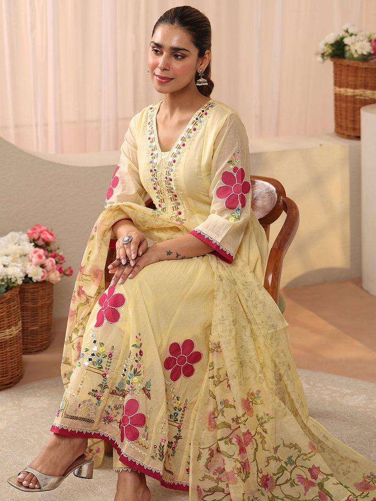 Libas Ivory Floral Embroidered Silk Blend A-line Suit Set