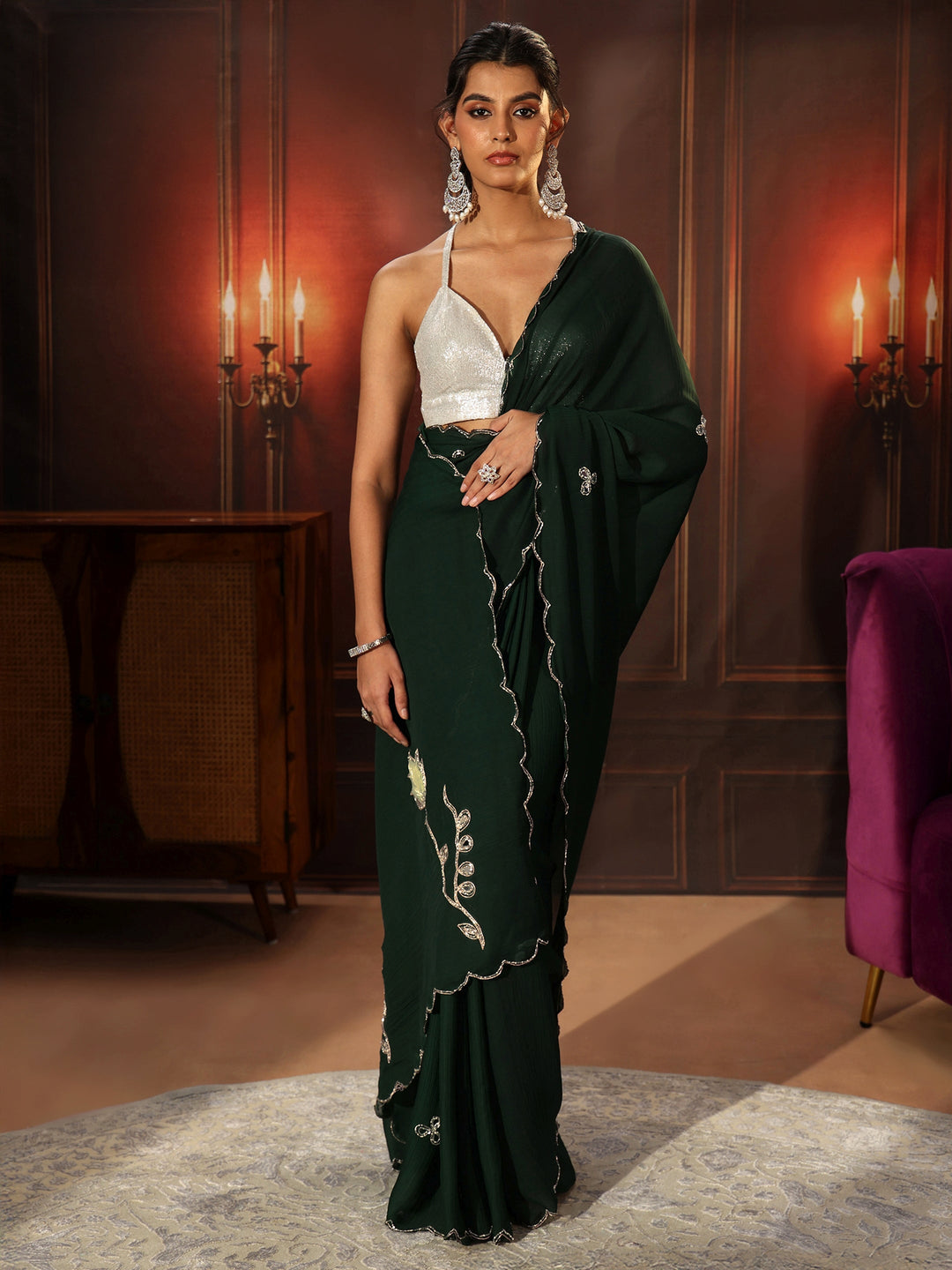  Libas Jungle Green Chiffon Saree with Floral Applique Design Pallu 