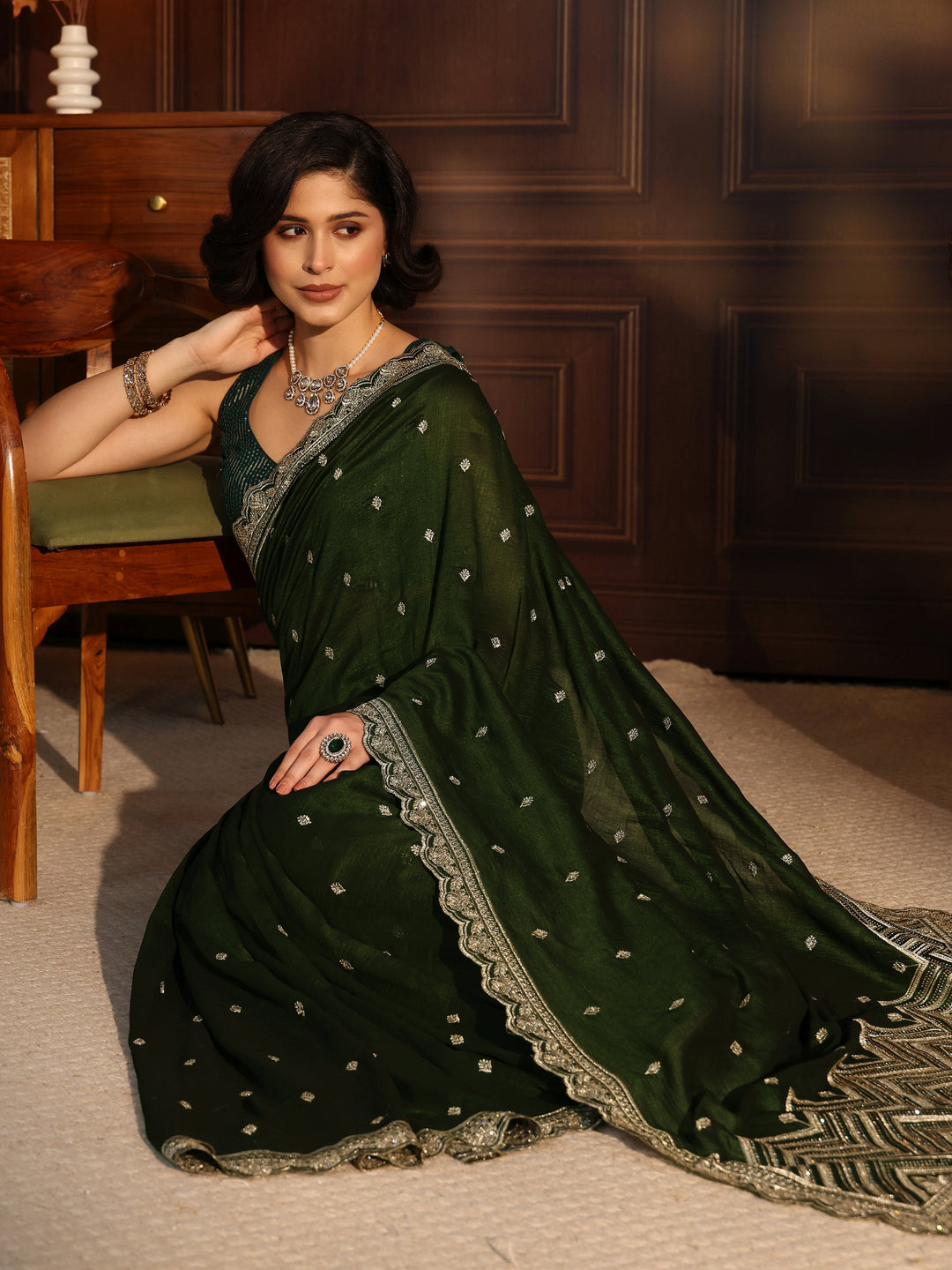 Libas Jungle Green Embellished Scalloped Border Silk Blend Saree