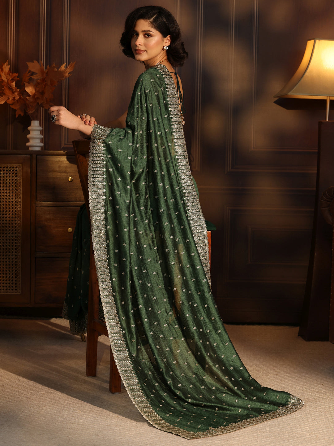 Libas Jungle Green Embellished Silk Blend Saree