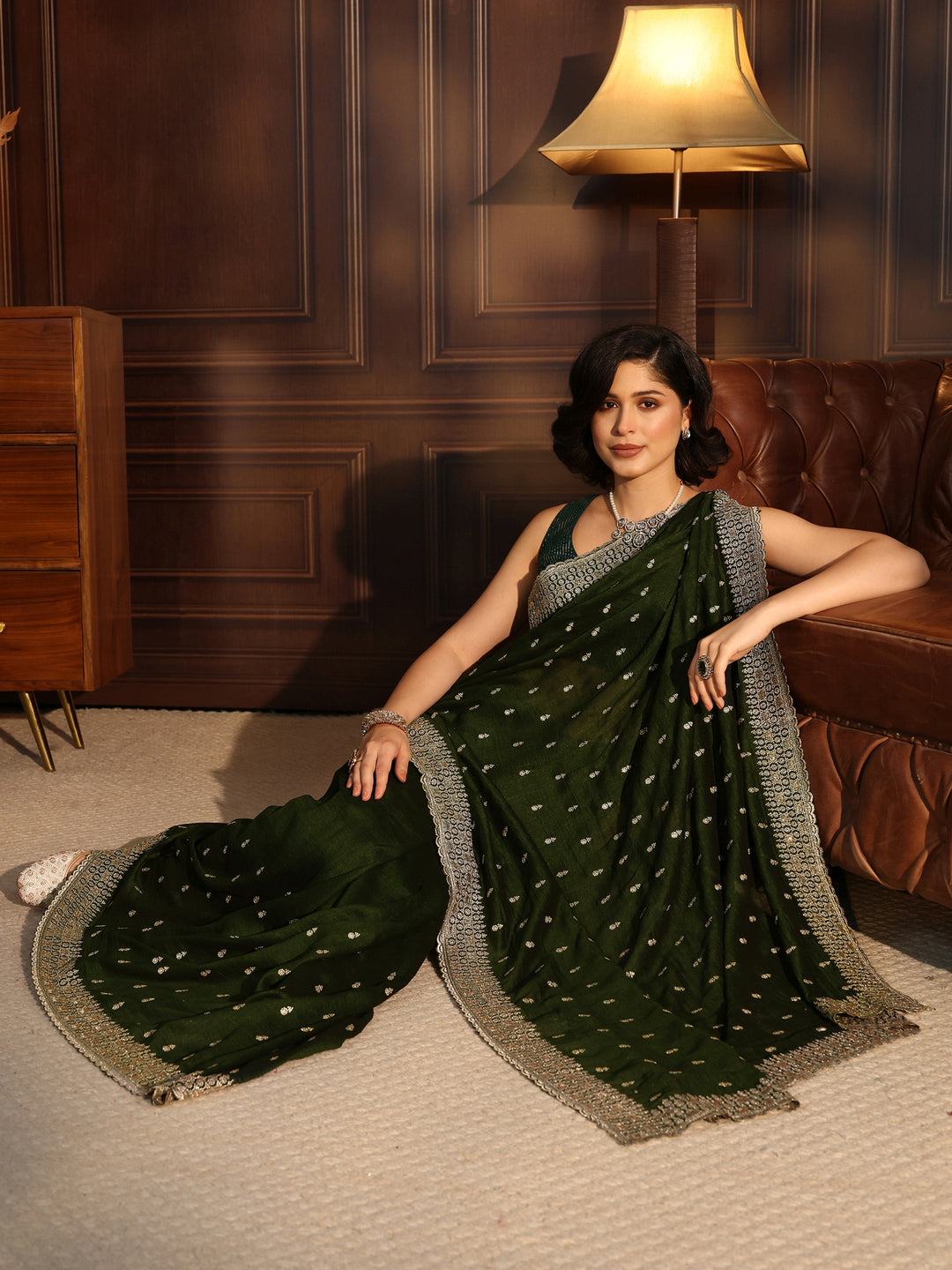 Libas Jungle Green Embellished Silk Blend Saree