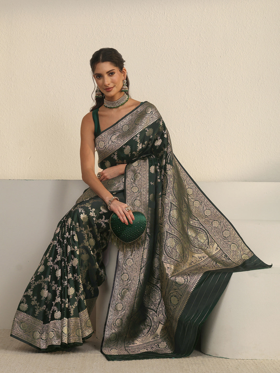 Libas Jungle Green Floral Woven Design Banarasi Satin Saree