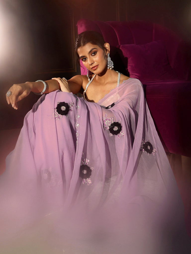Libas Lavender Chiffon Saree with Embellished Floral Motifs