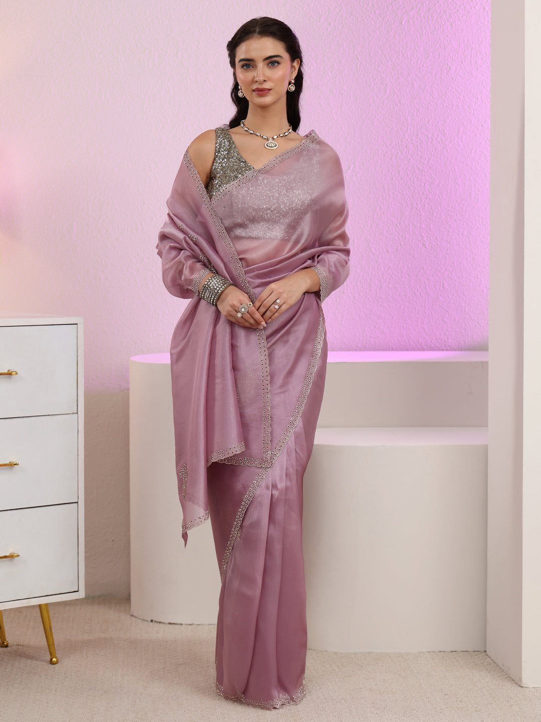  Libas Lavender Embellished Organza Saree 
