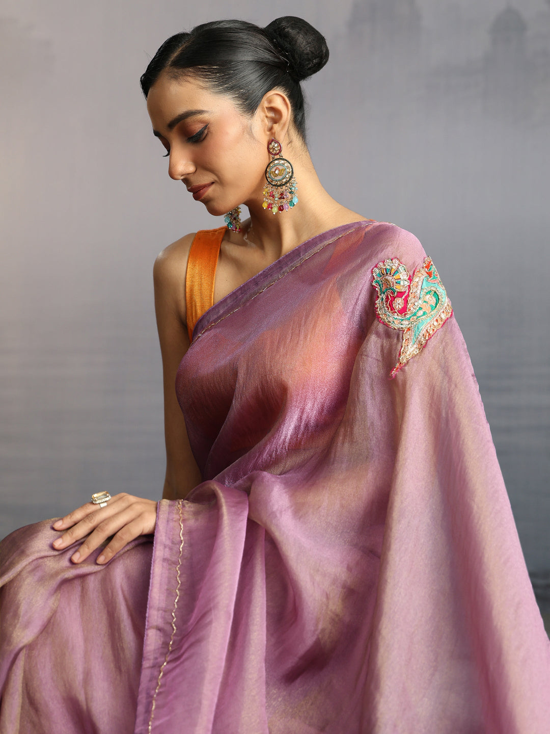  Libas Lavender Embellished Tissue Saree with Applique Work 