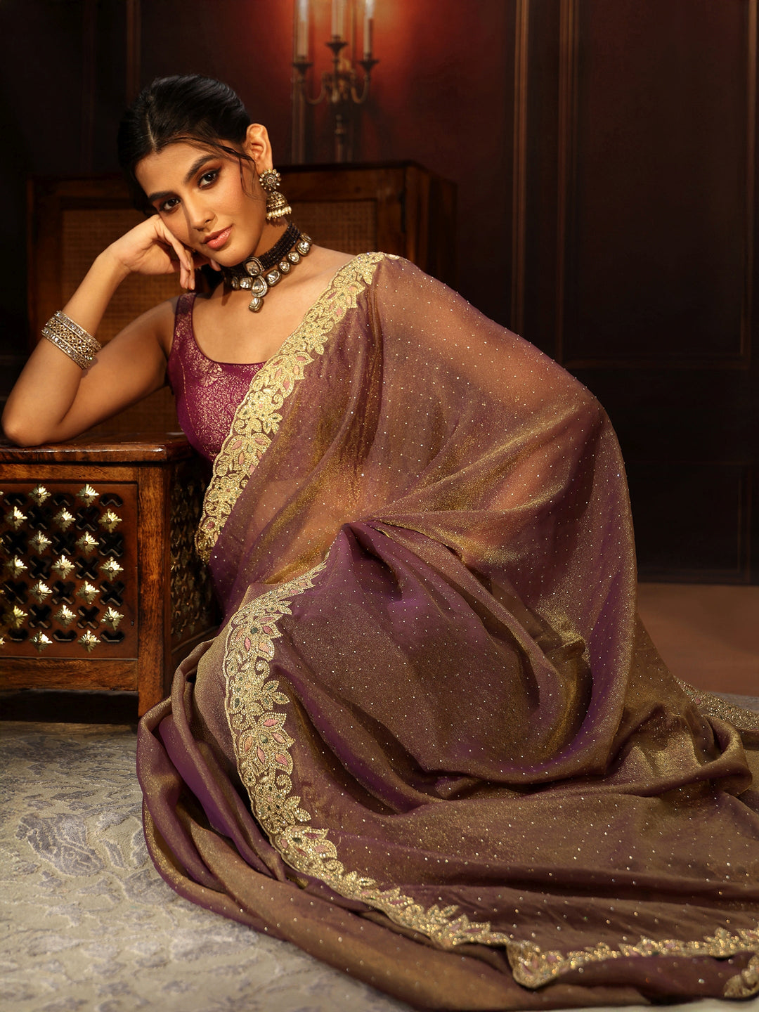  Libas Lavender Embellished Tissue Saree with Floral Border 