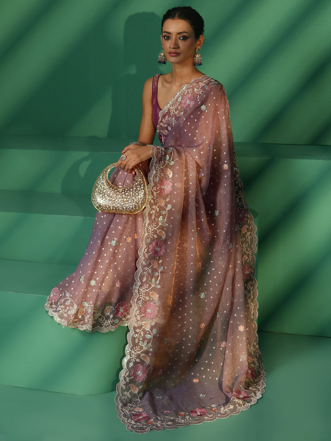  Libas Lavender Embellished Tissue Saree with Floral Embroidered Border 