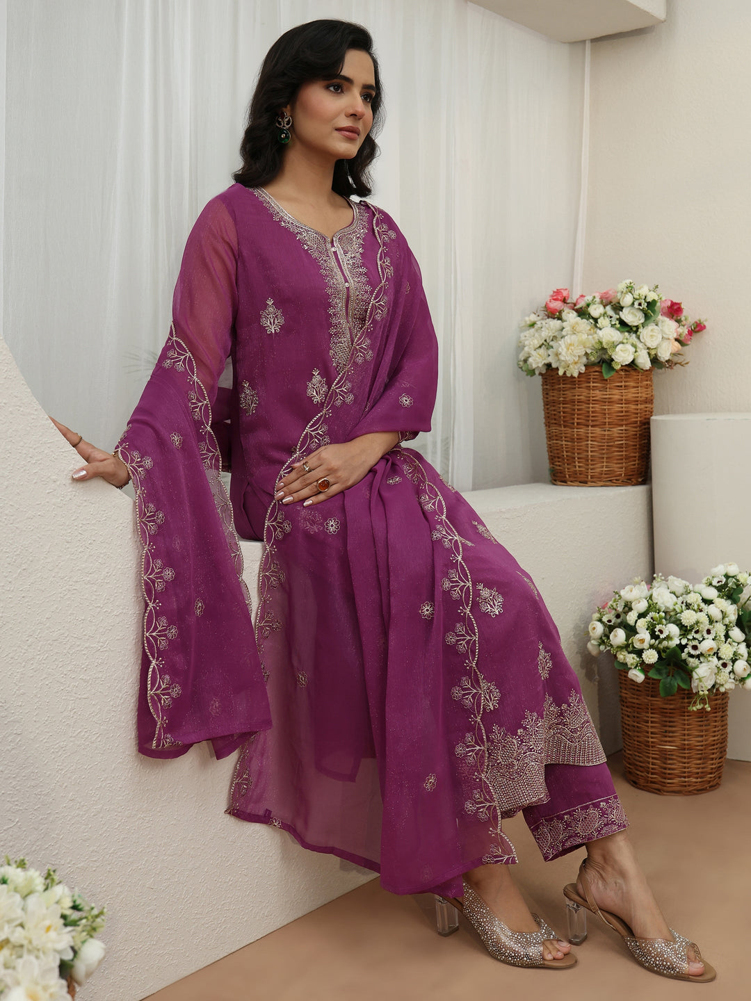  Libas Lavender Embroidered Chinon Straight Suit Set 