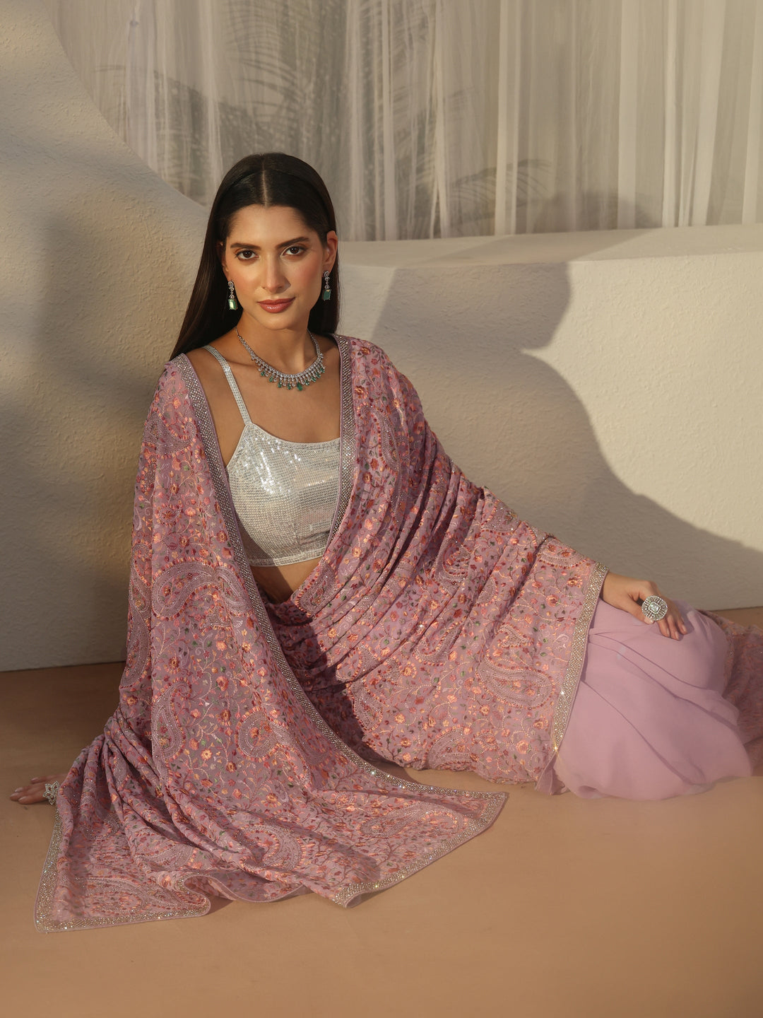  Libas Lavender Embroidered Georgette Saree 