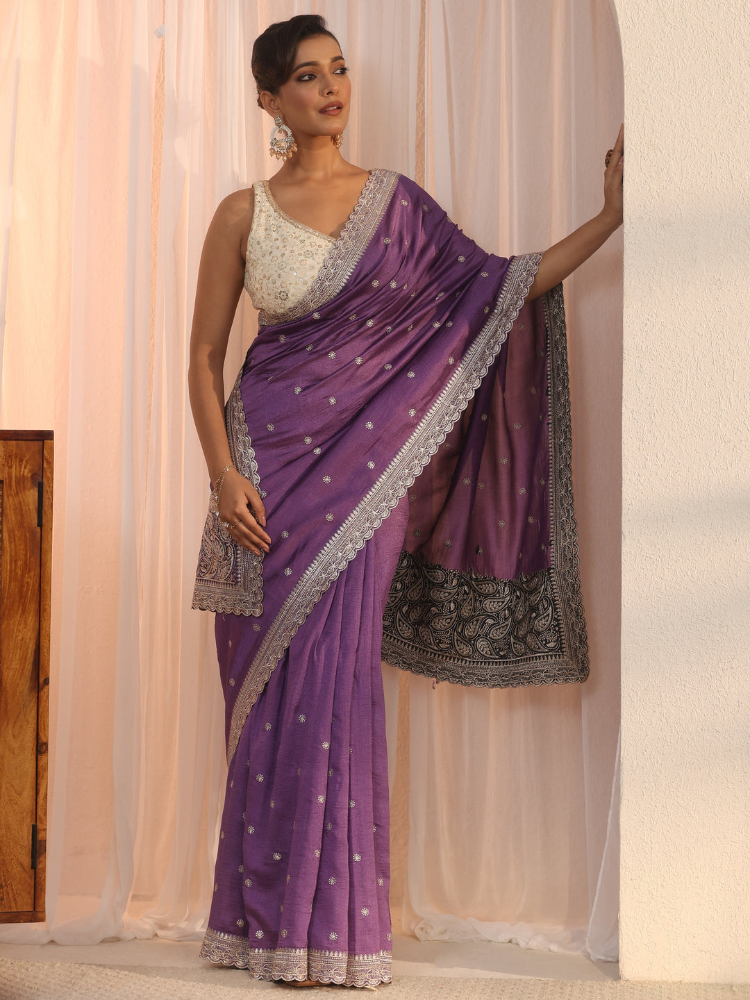  Libas Lavender Embroidered Silk Blend Saree with Paisley Pallu 