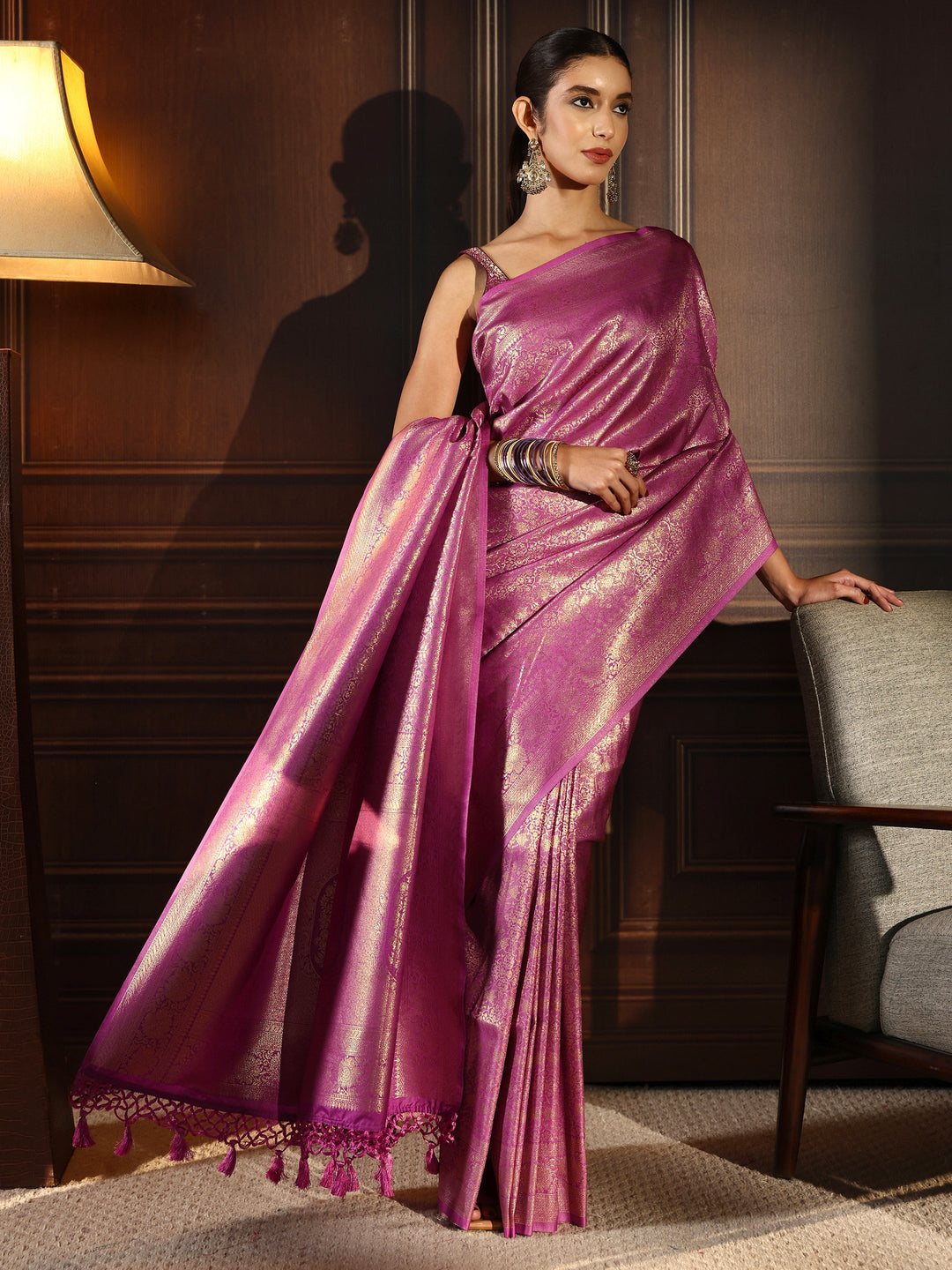  Libas Lavender Ethnic Woven Design Silk Blend Tassel Saree 