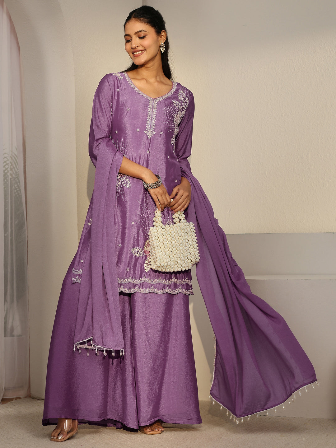 Libas Lavender Floral Embellished Chinon Palazzo Suit Set