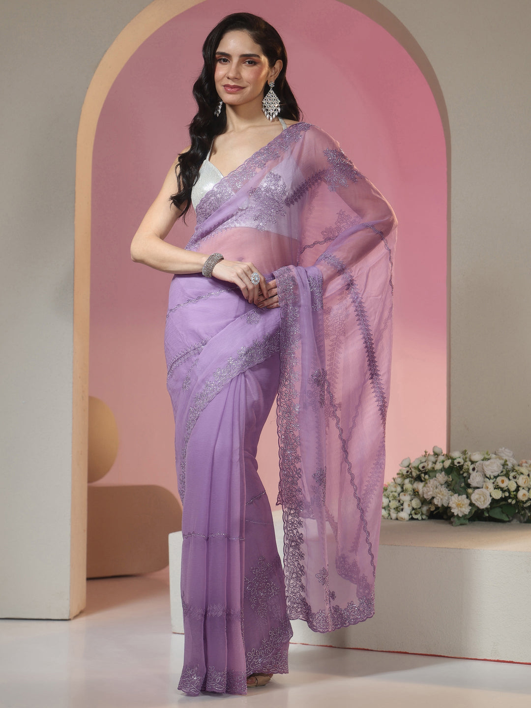  Libas Lavender Floral Embellished Silk Blend Saree 