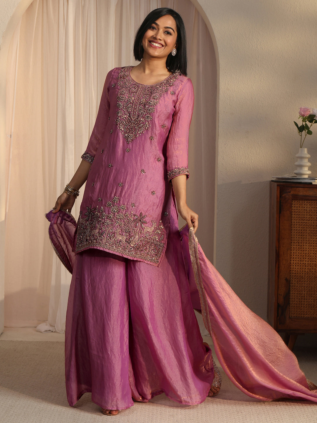  Libas Lavender Floral Embellished Tissue Palazzo Suit Set 