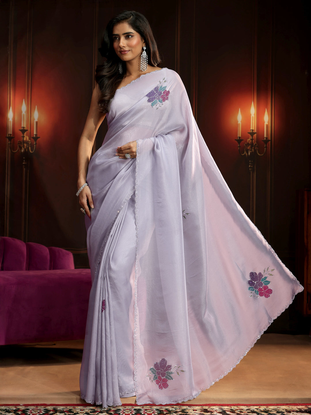  Libas Lavender Floral Embellished Tissue Saree 