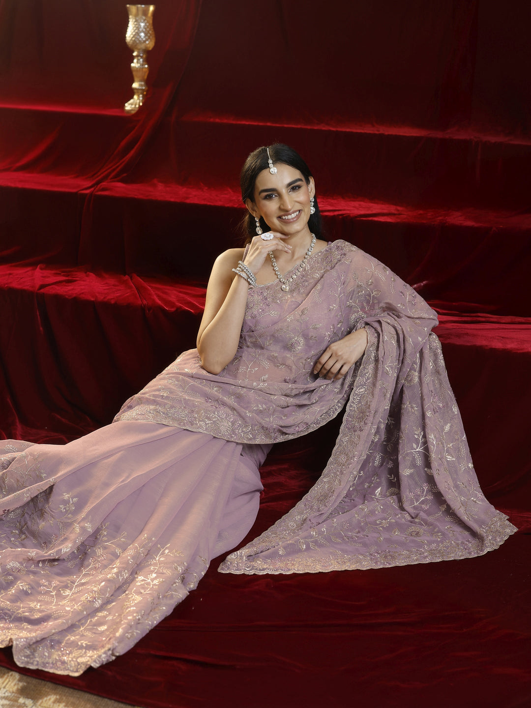  Libas Lavender Floral Embroidered Chiffon Saree 