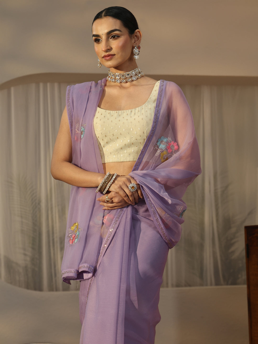  Libas Lavender Floral Embroidered Chiffon Saree 