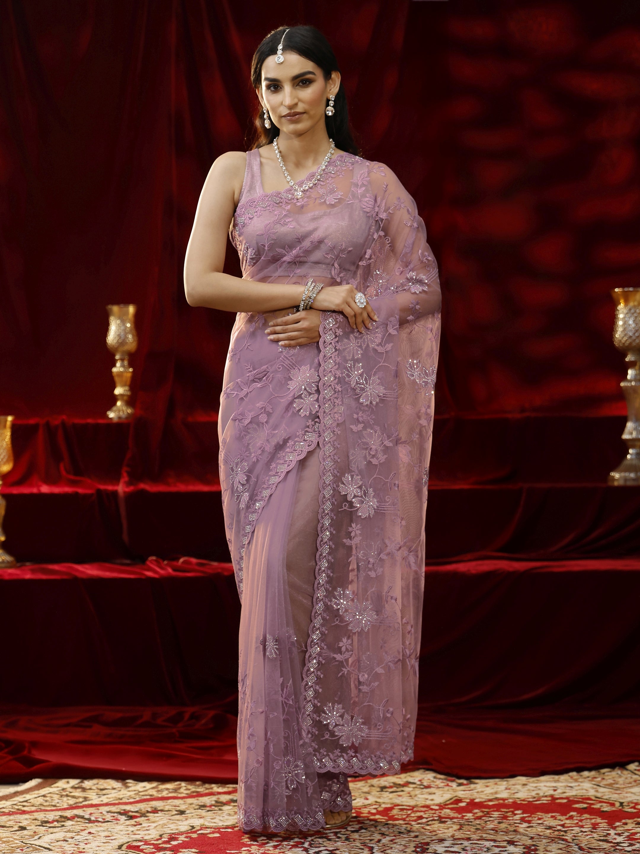 Libas Lavender Floral Embroidered Net Saree-picture-63
