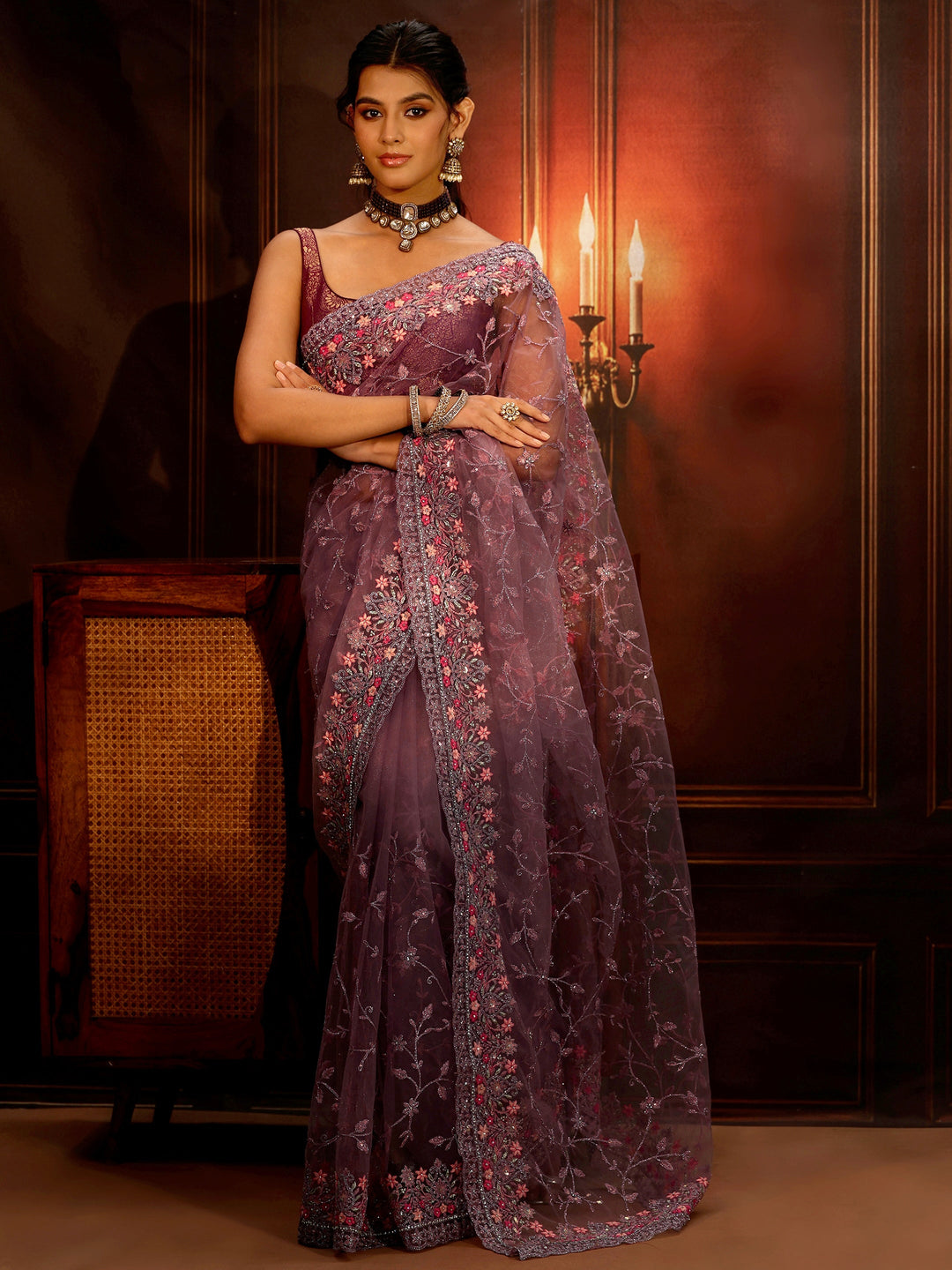  Libas Lavender Floral Embroidered Net Saree 