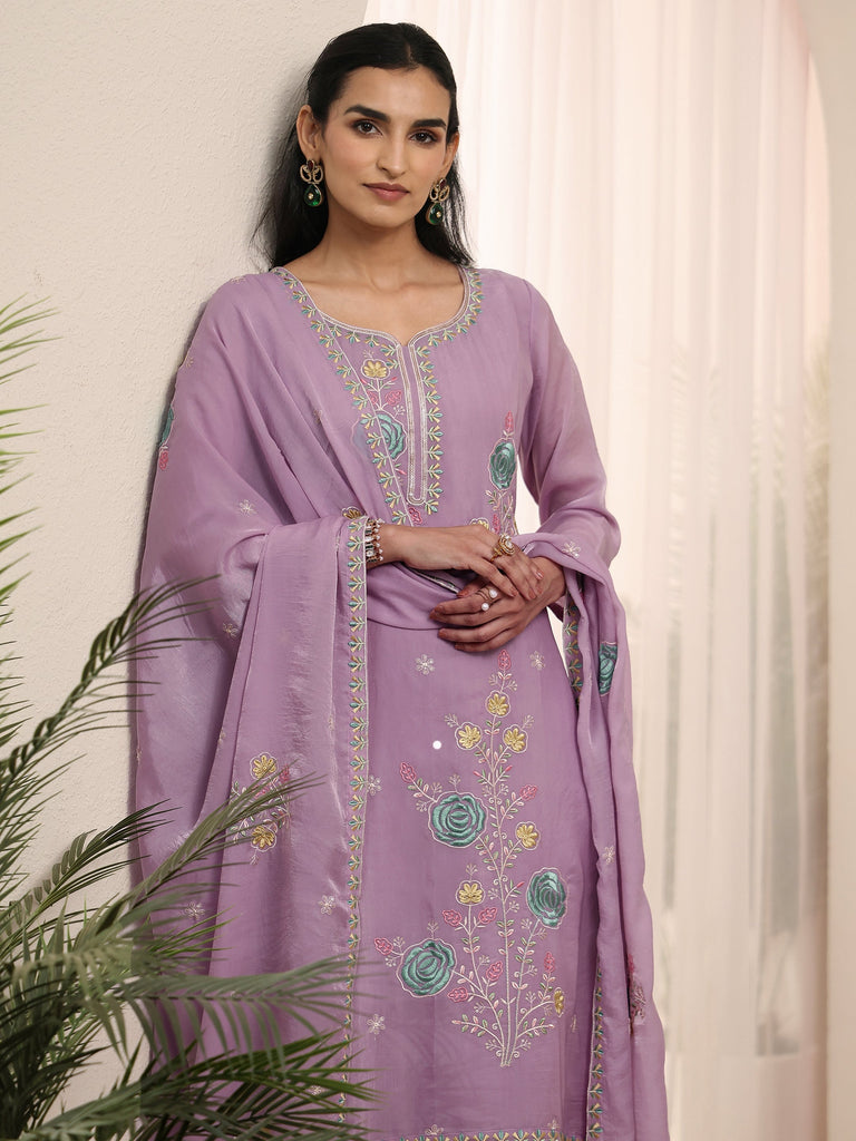Libas Lavender Floral Embroidered Silk Blend Straight Suit Set