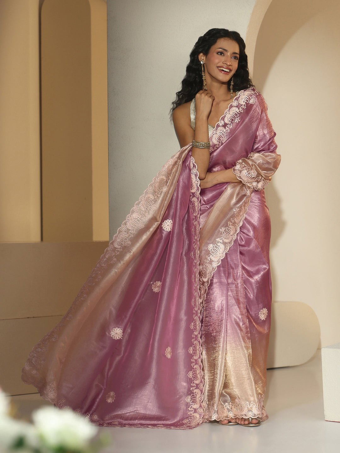  Libas Lavender Floral Embroidered Tissue Saree 
