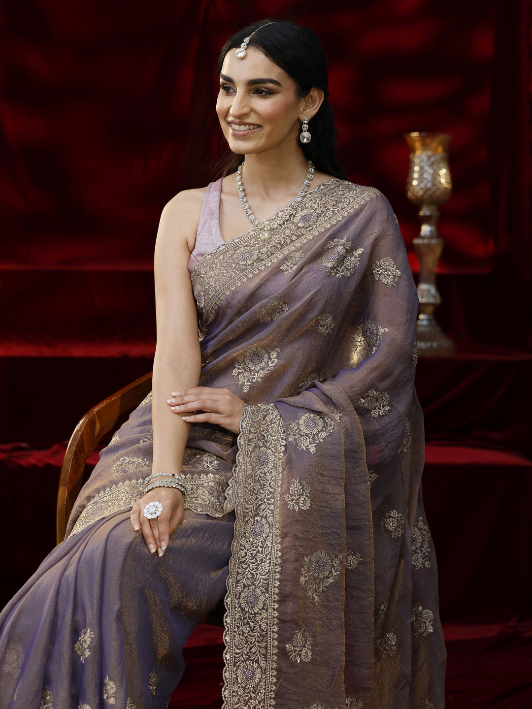  Libas Lavender Floral Embroidered Tissue Saree 