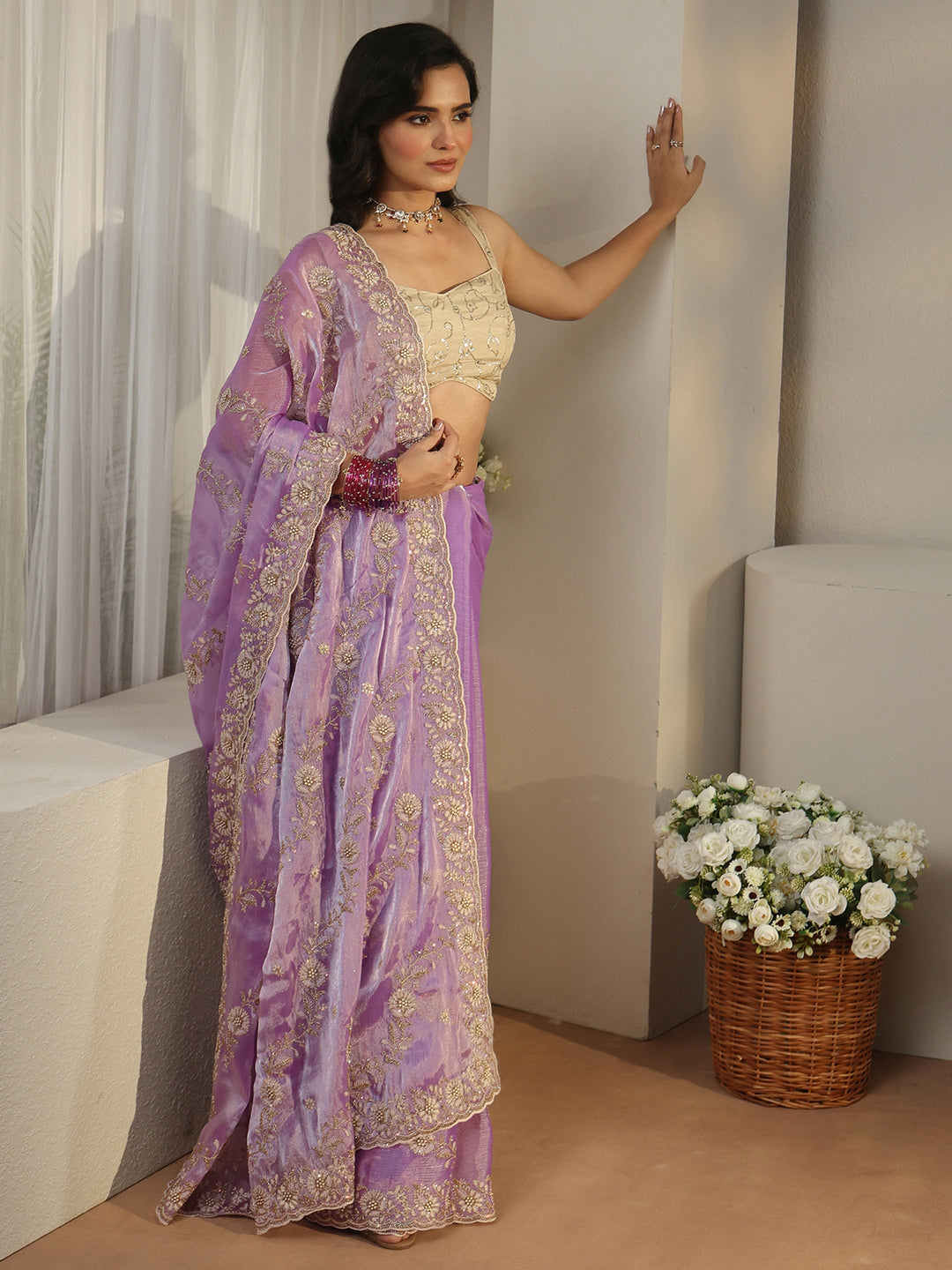  Libas Lavender Floral Embroidered Tissue Saree 