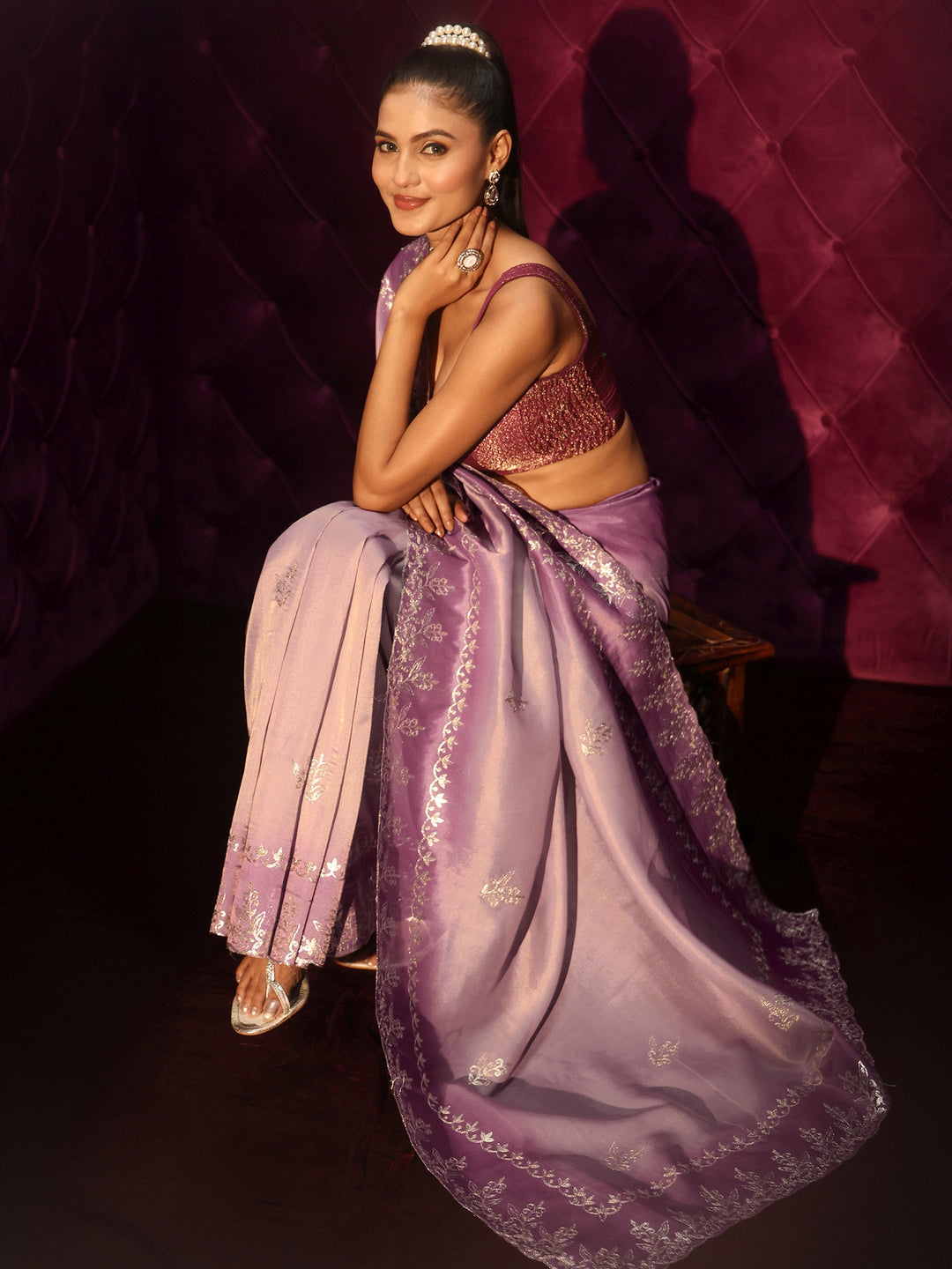 Libas Lavender Floral Embroidered Tissue Saree