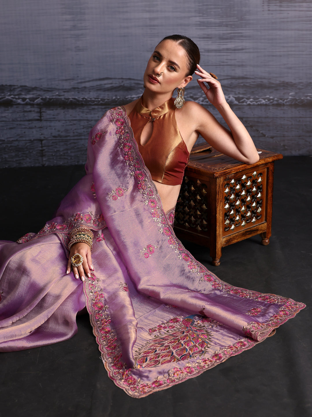  Libas Lavender Floral Embroidered Tissue Saree with Scalloped Border 