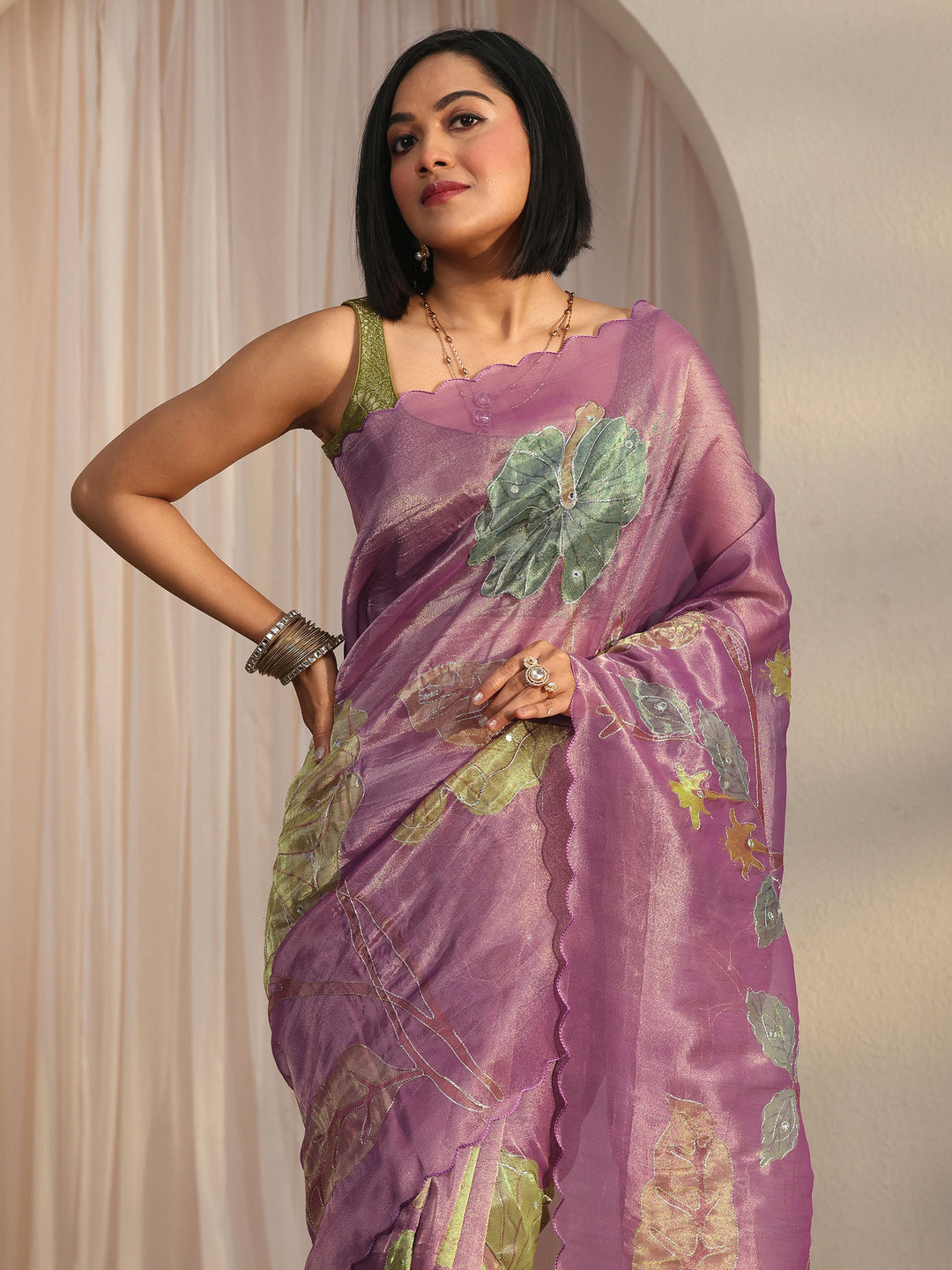  Libas Lavender Floral Printed Mirror Work Silk Blend Saree with Scalloped Border 