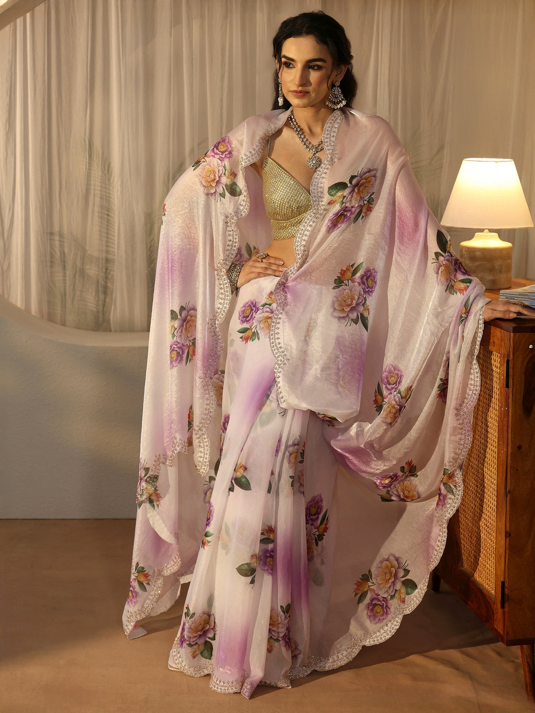  Libas Lavender Floral Printed Satin Saree with Scalloped Border 