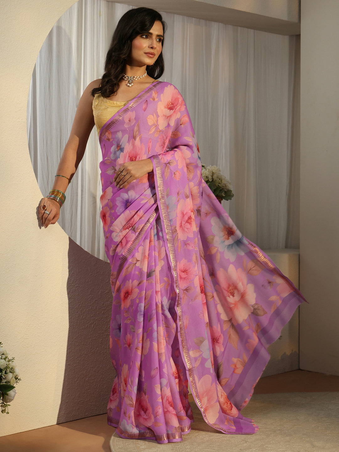 Libas Lavender Floral Printed Silk Blend Saree