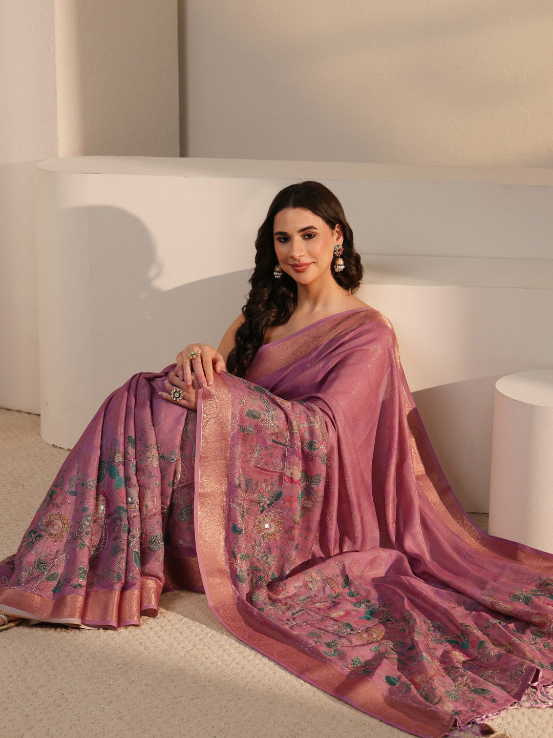 Libas Lavender Floral Printed Silk Blend Tassel Saree