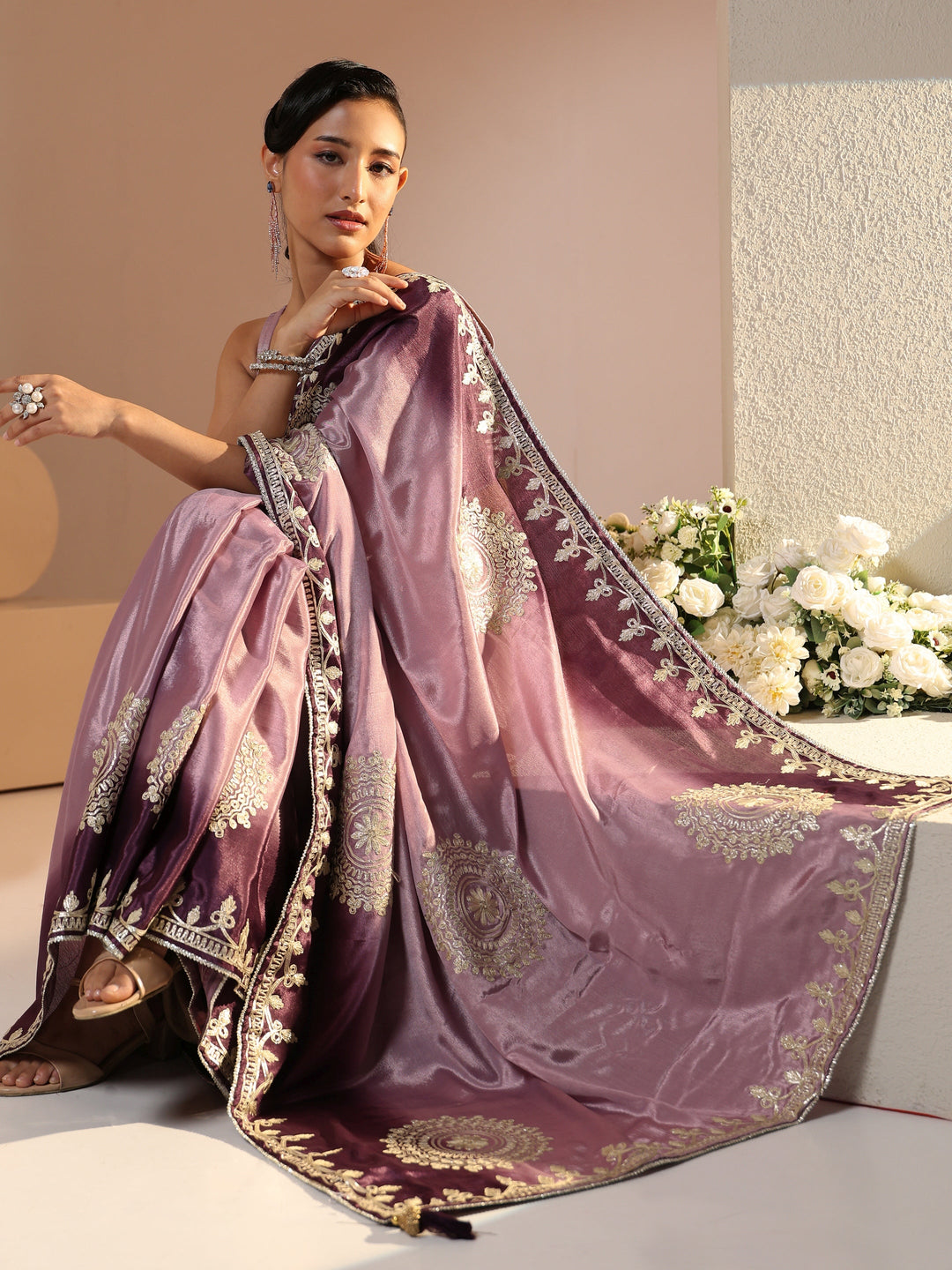  Libas Lavender Mandala Art Embroidered Ombre Silk Blend Saree 
