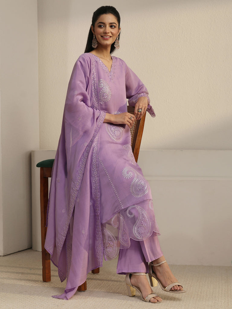 Libas Lavender Paisley Embroidered Chanderi Cotton Straight Suit Set