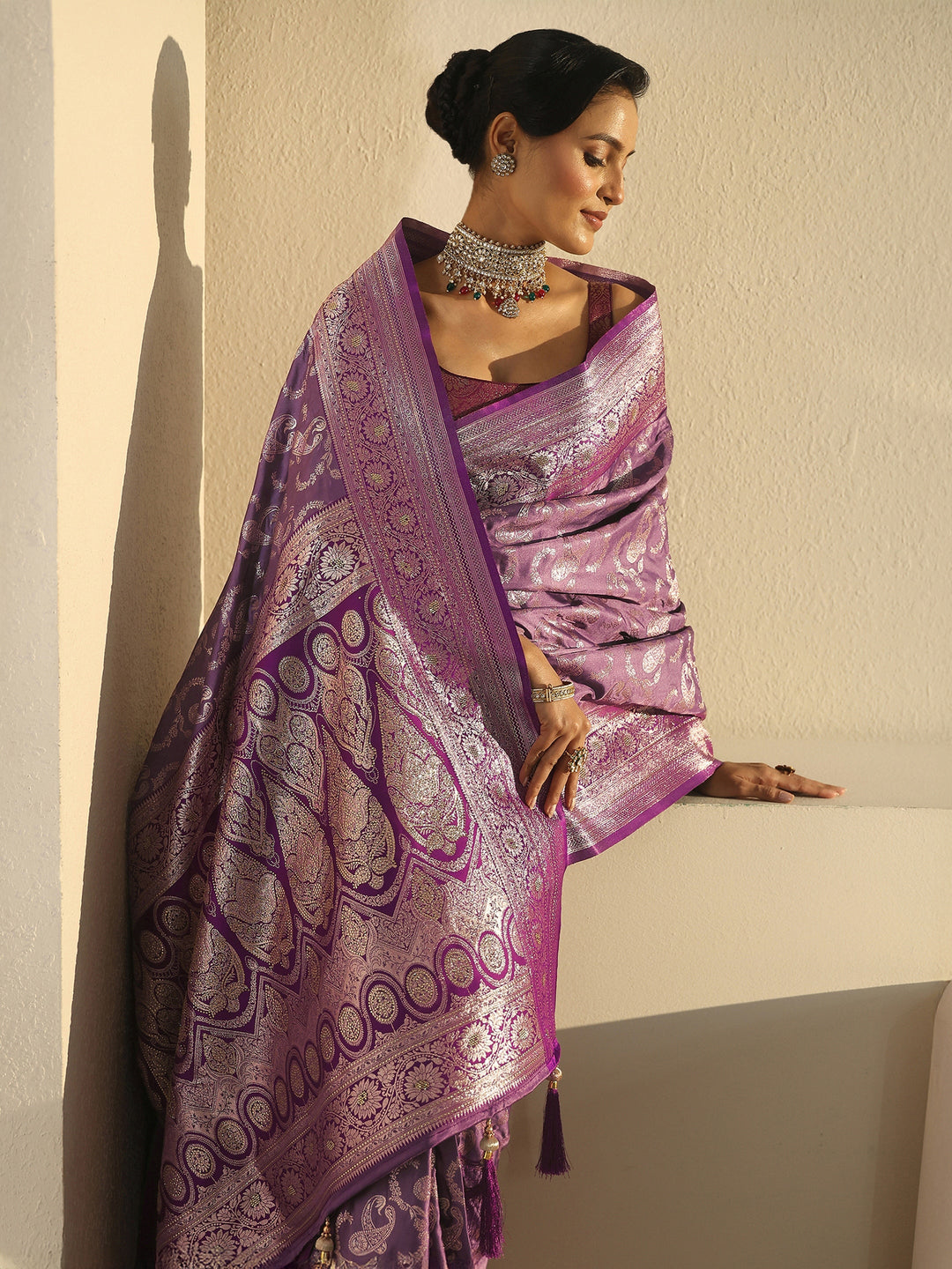 Libas Lavender Paisley Woven Design Satin Saree