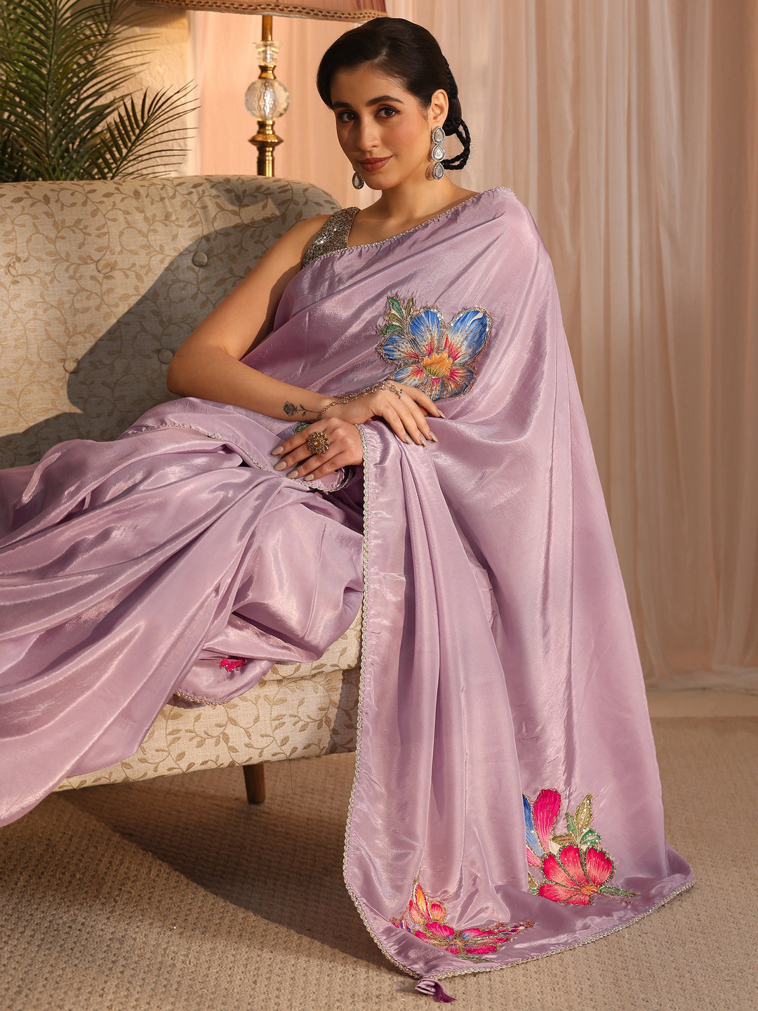  Libas Lavender Satin Saree with Applique Design 