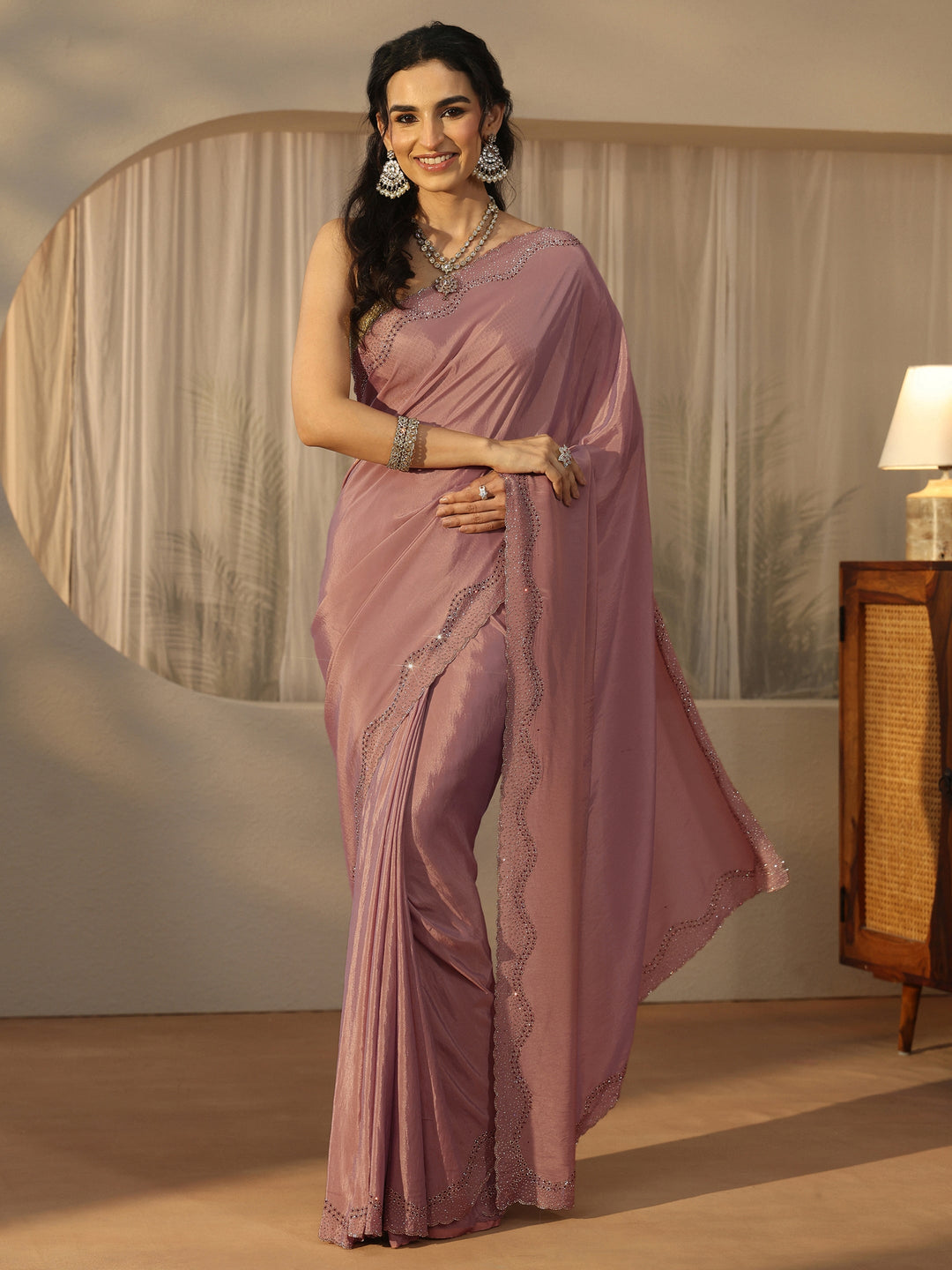  Libas Lavender Satin Saree with Embellished Border 