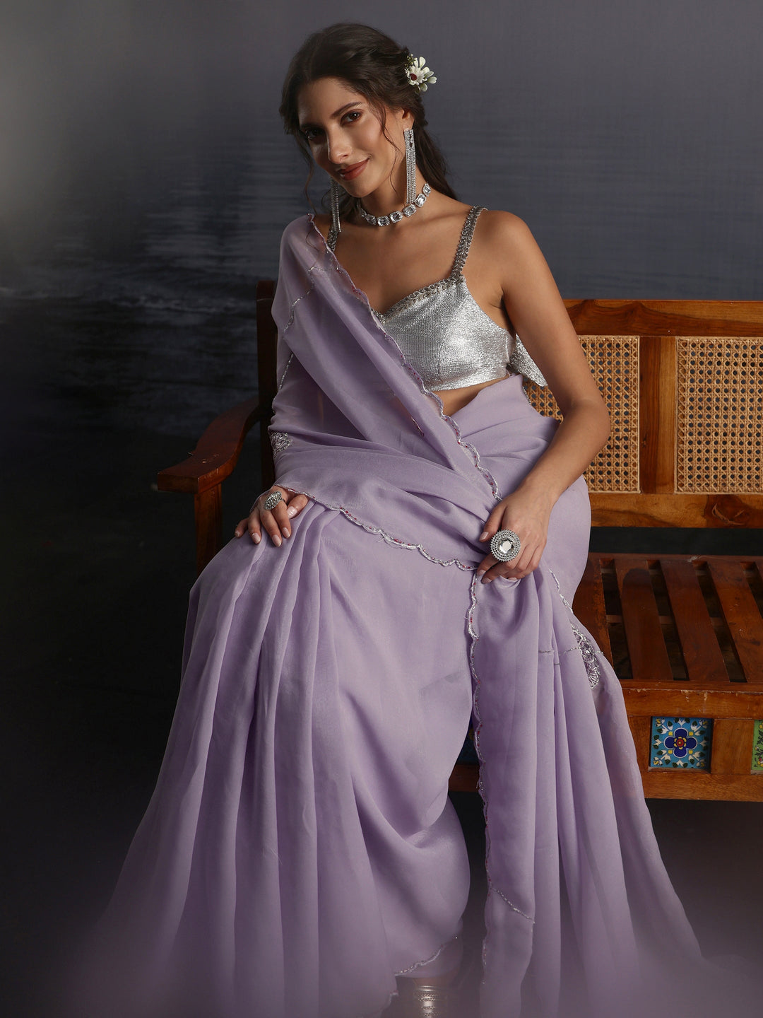  Libas Lavender Sequin Embellished Silk Blend Saree 