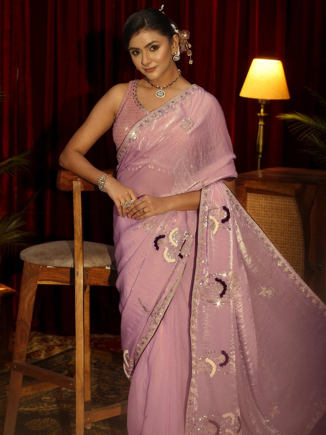  Libas Lavender Sequin Embellished Tissue Saree 