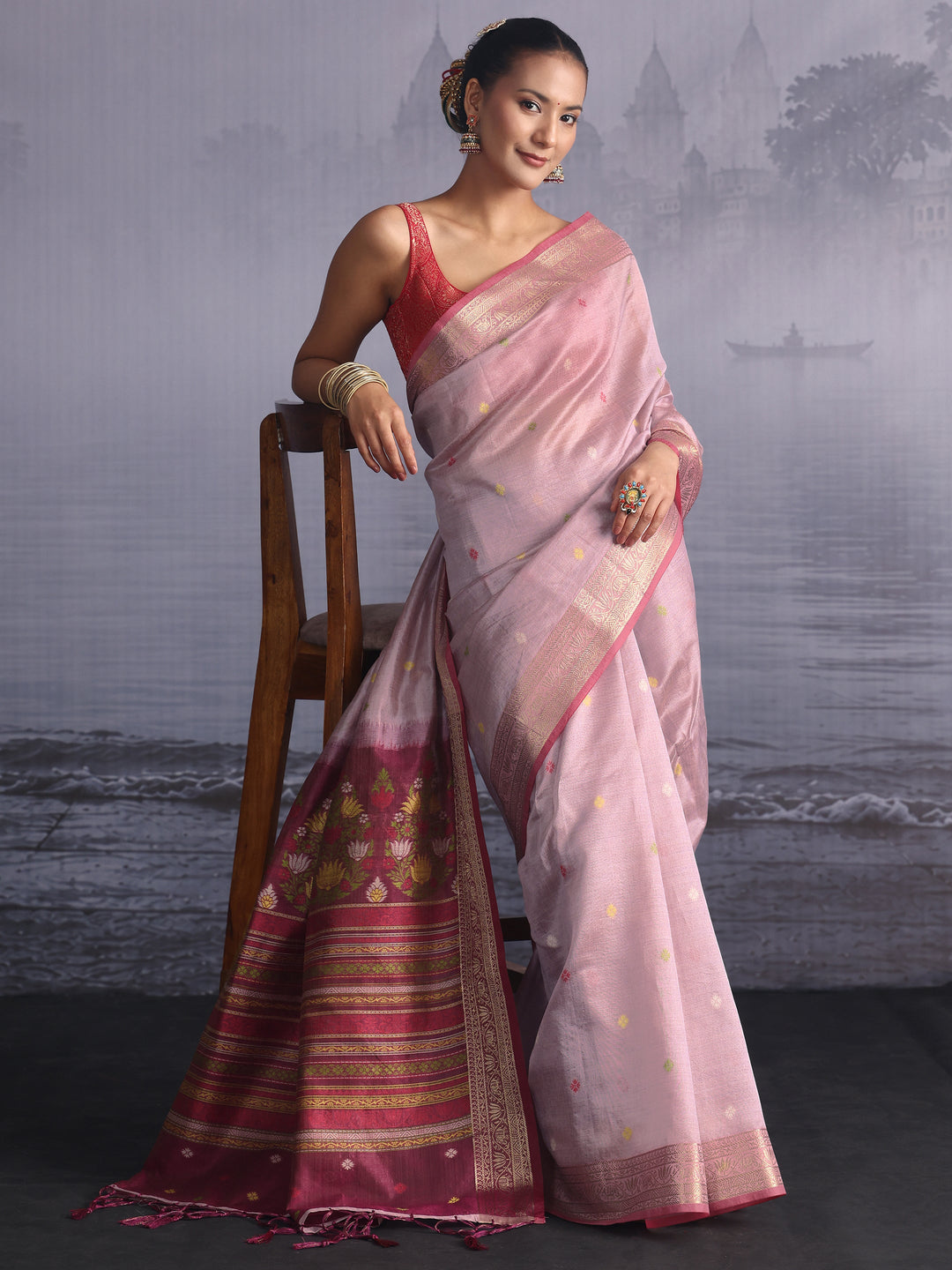 Libas Lavender Silk Blend Saree with Floral Woven Pallu