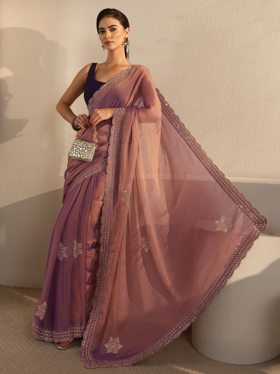 Libas Lavender Stone Work Embellished Tissue Saree