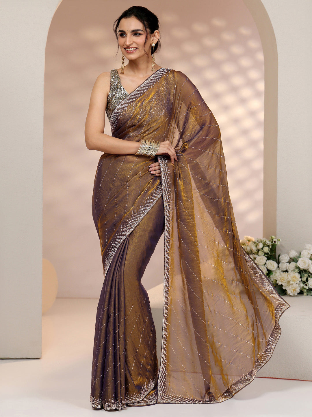  Libas Lavender Stone Work Striped Embellished Tissue Saree 